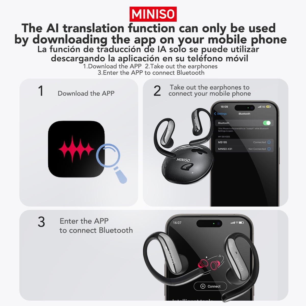MINISO MS195 AI Translation Eabuds Real Time Open Ear Earbuds Bluetooth Wireless 5.4 AI Headphones IPX5 Waterproof