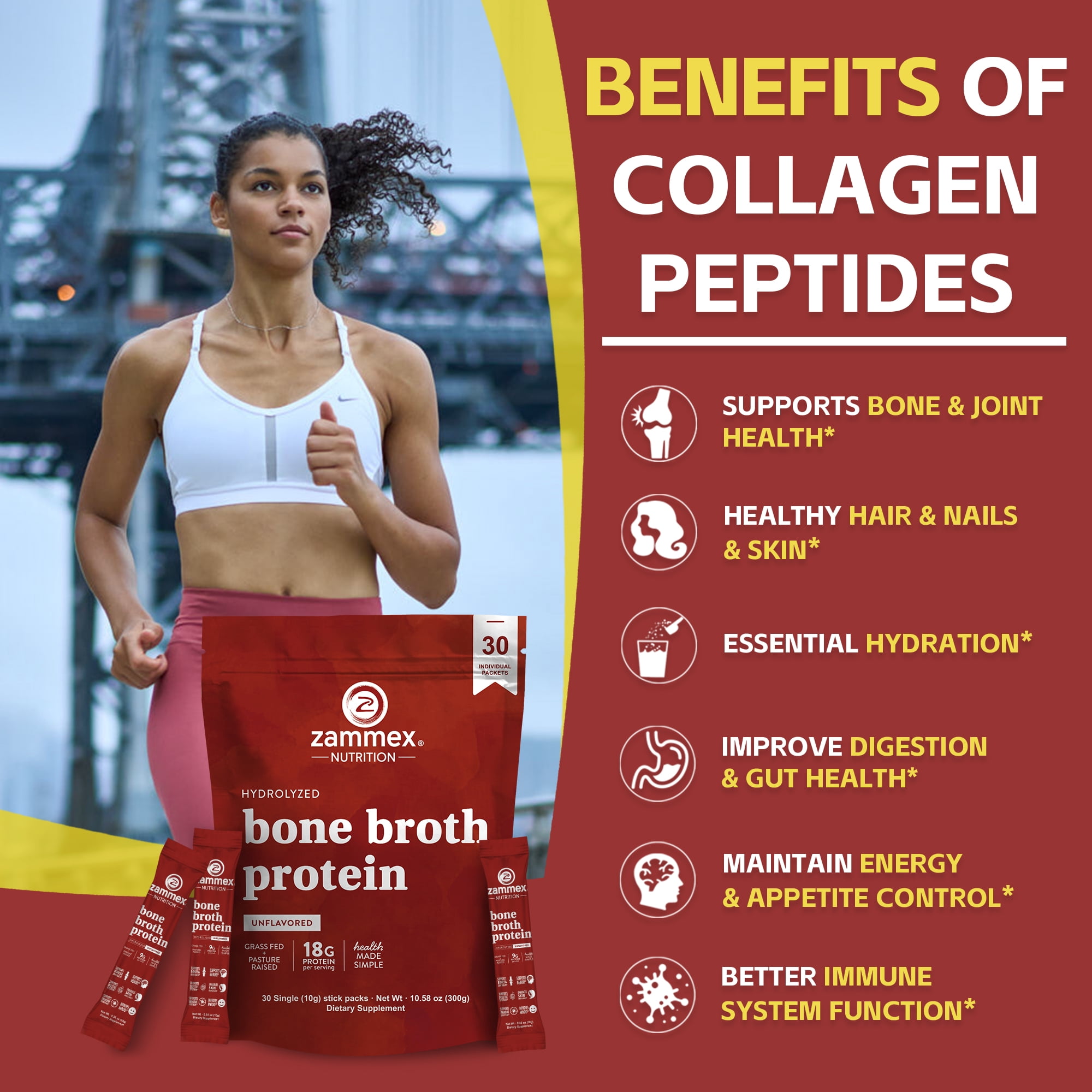 Zammex Bone Broth Protein Powder Travel Packets, Natural Flavor Grass Fed Beef Bone Broth, Hydrolyzed  collagen Type I & III, 30 packs