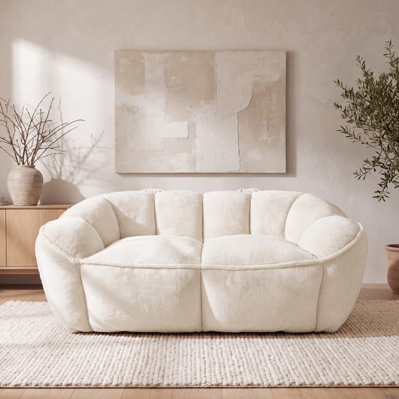 65“ Oversized Double Seater Boneless Cloud Couch for Living Room, Comfy Modern Faux Fur Fabric Loveseat Sofa, Cozy Upholstered Compressed Bean bag Floor Couches for Bedroom Office,White