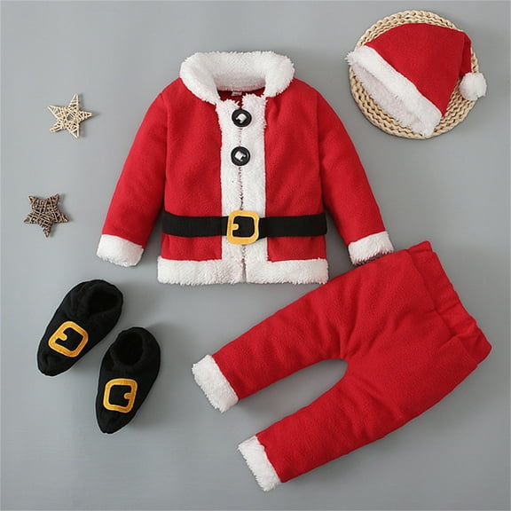 FAOWME Toddler Boys Girls Christmas Santa Claus Outfits Plush Lined Long Sleeve Color Block Buttons Coat And Elastic Waist Pants Hats Socks Fashion Set For Stage Performance,Red,2-3 Years
