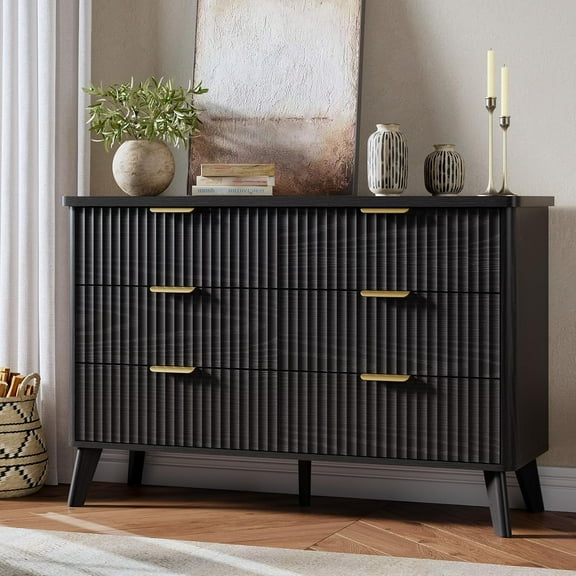 IDEALHOUSE Black Storage Lockers, Fluted 6 Drawers Dresser, 47.2in Wide Chest with Gold Metal Handles, Curved Profile, Thick Top