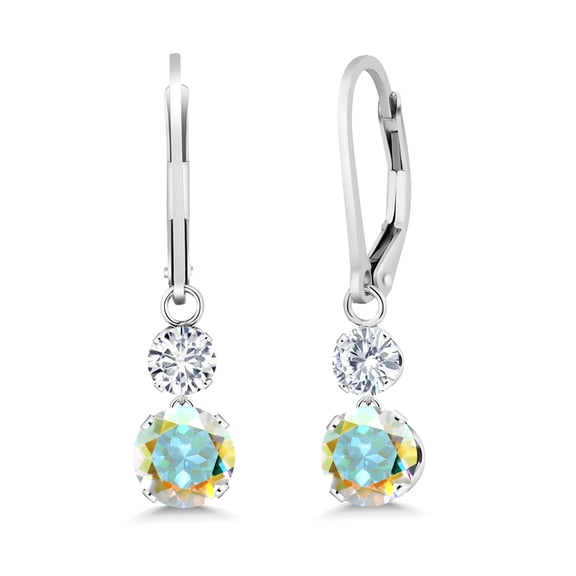 Gem Stone King 925 Sterling Silver Mercury Mist Mystic Topaz and White Lab Grown Diamond Drop Dangle Earrings for Women (2.54 Cttw, Gemstone Birthstone, Round 6MM and 4MM)