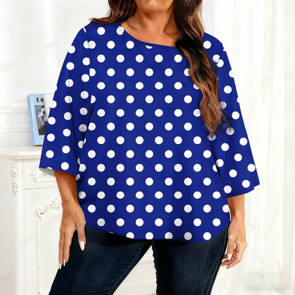 CLOISE T Shirts for Women 3/4 Sleeve Plus Size Tops Crewneck Casual Pullover Print Summer Blouses Blue L