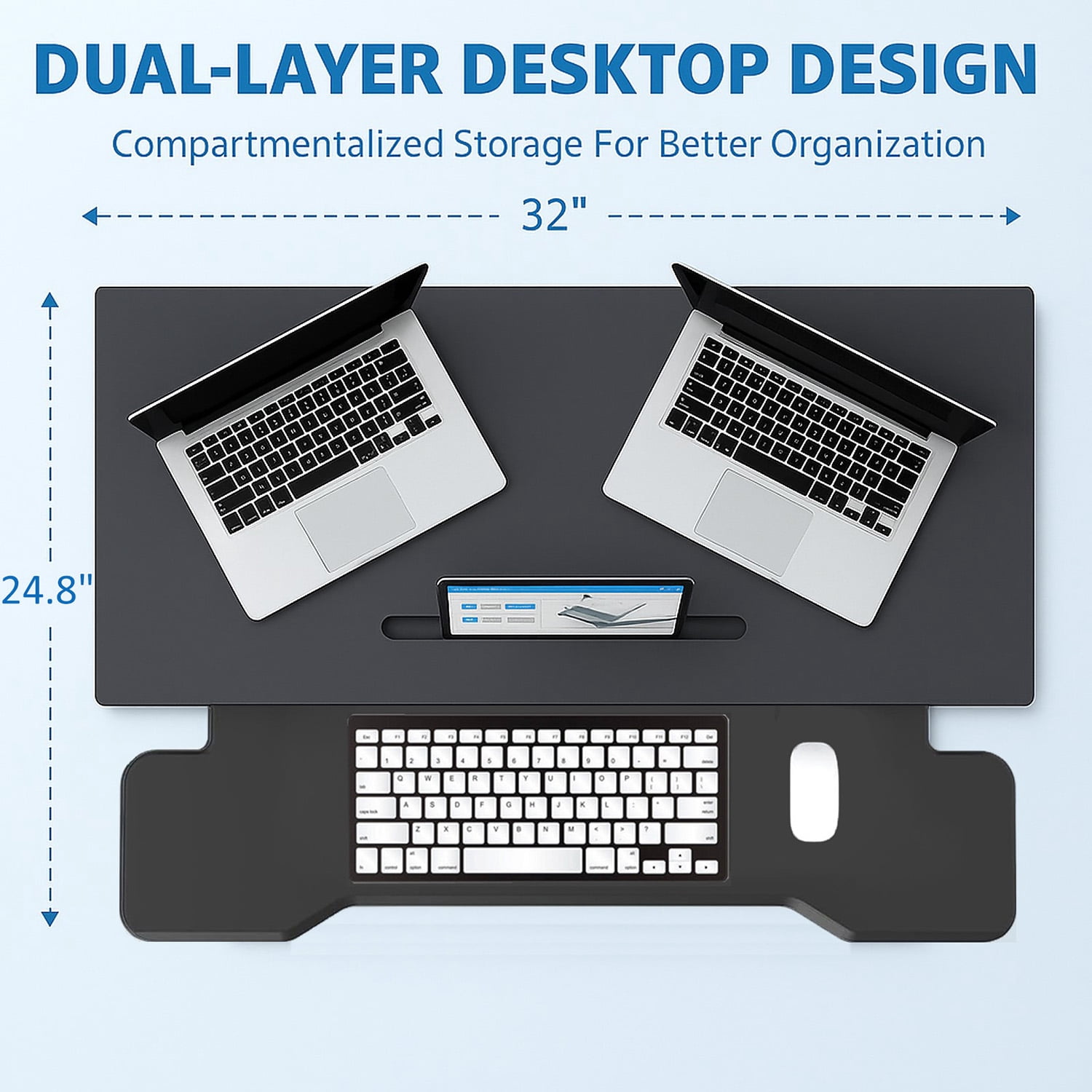 VUNNAX Stand Up Desk Riser, 32 Inch Height Adjustable Sit to Stand Riser, Dual Monitor and Laptop Workstation with Wide Keyboard Tray