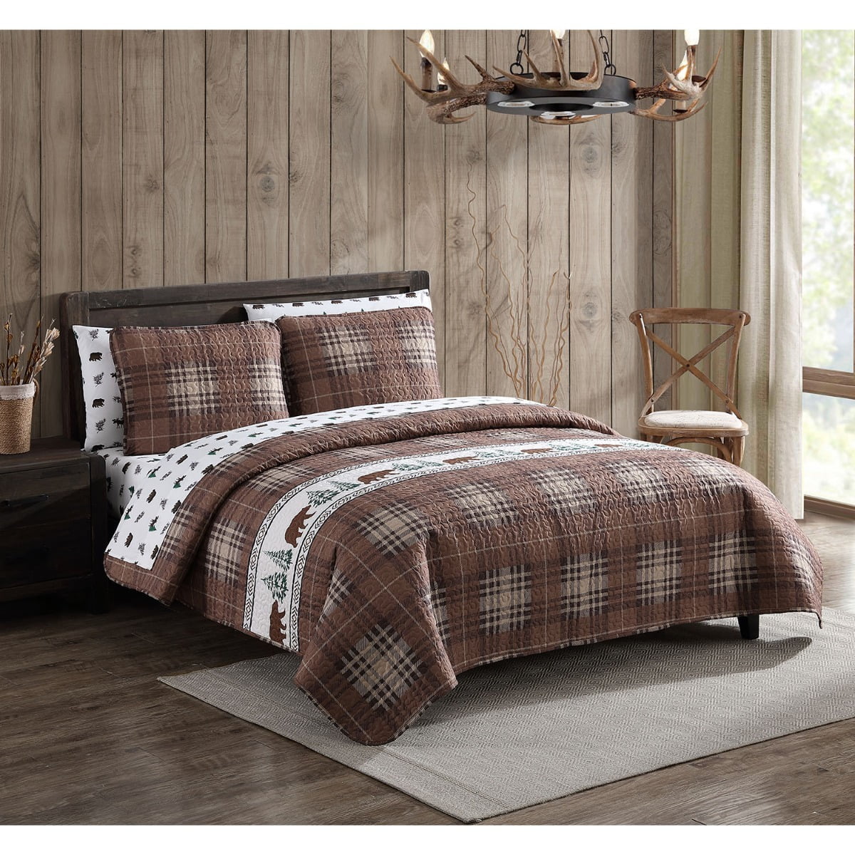 Aubrie Home Accents Galadriel 3-Piece Oversized King Quilt Bedding Set with Matching Pillow Shams Rustic Plaid Cabin Lodge Bear, Brown