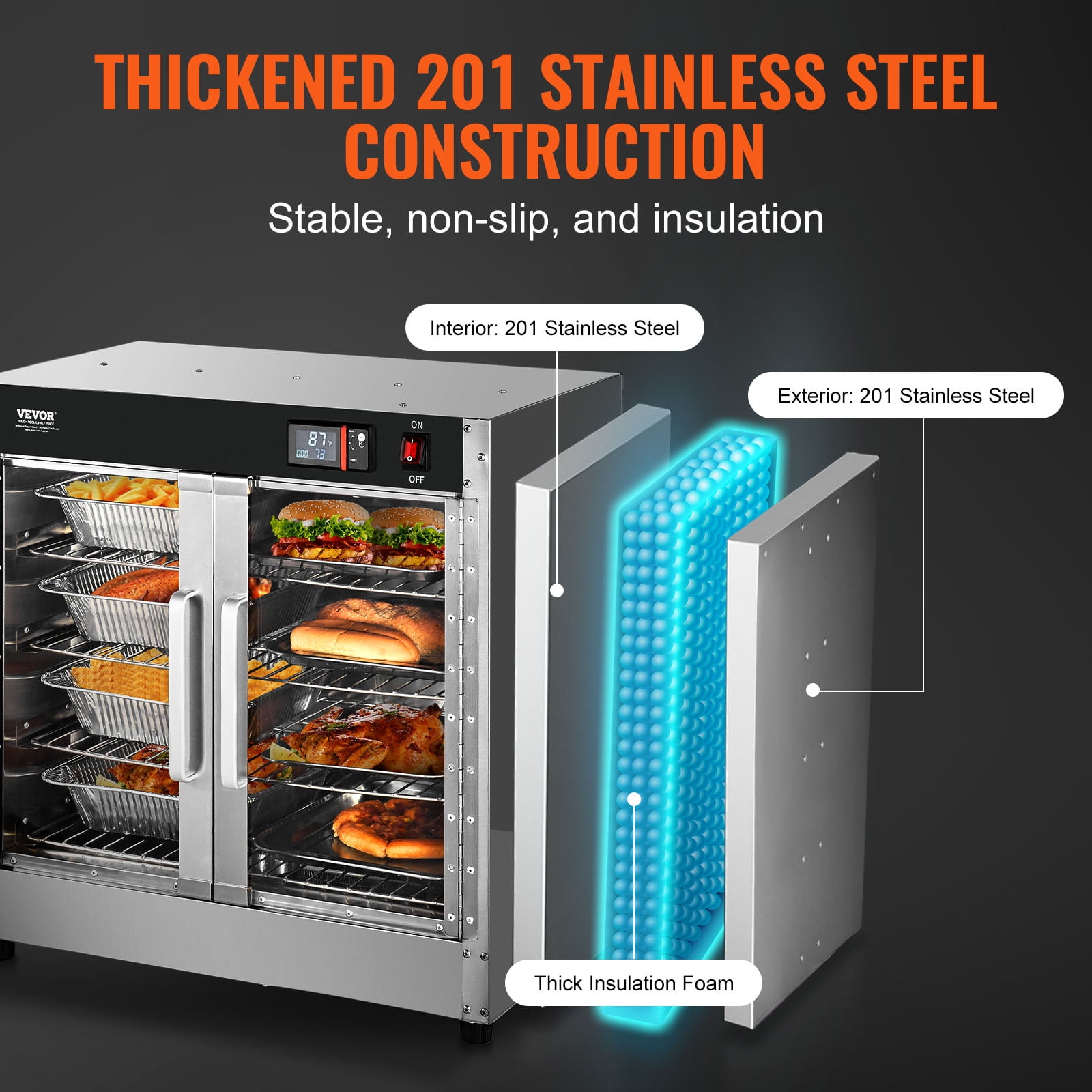 VEVOR Hot Box Food Warmer, 4-Tier Concession Warmer with Water Tray,4 Pans, Glass Double-door and Adjustable Shelves,Stainless Steel Food Warmer Cabinet, Ideal for Storing Pizza,Chicken,Restaurant