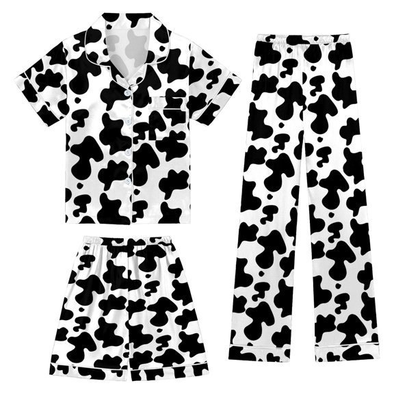 BOOMNY Baby Girls 3 Peice Pajamas Sets Cow Graphic Short Sleeve Buttons Satin Sleepwear Tops Pants Shorts Pjs Set for Kids Cozy Loungewear Homewear