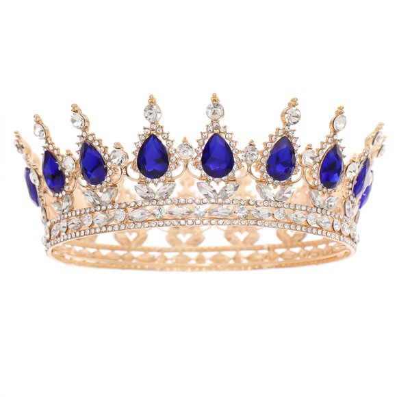 FORSEVEN Corona de reina con diamantes de imitación, coronas y tiaras de boda para mujer, accesorios para el pelo de fiesta, corona de princesa, corona de cumpleaños, corona nupcial de cristal (oro+az