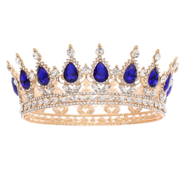 FORSEVEN Corona de reina con diamantes de imitación, coronas y tiaras de boda para mujer, accesorios para el pelo de fiesta, corona de princesa, corona de cumpleaños, corona nupcial de cristal (oro+az