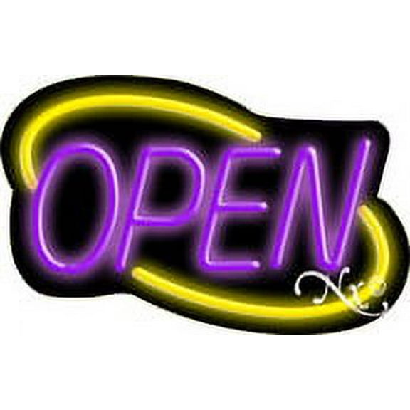 Deco Style Purple Open With Yellow Border LED Neon Sign 14" Tall x 22" Wide, Black Square Cut Acrylic Backing, with Dimmer - Bright and Premium built indoor LED Neon Sign for storefront.