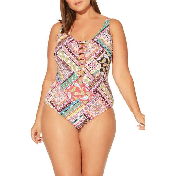 Bleu by Rod Beattie Plus Size Printed Lace-Up One- Multi 16W