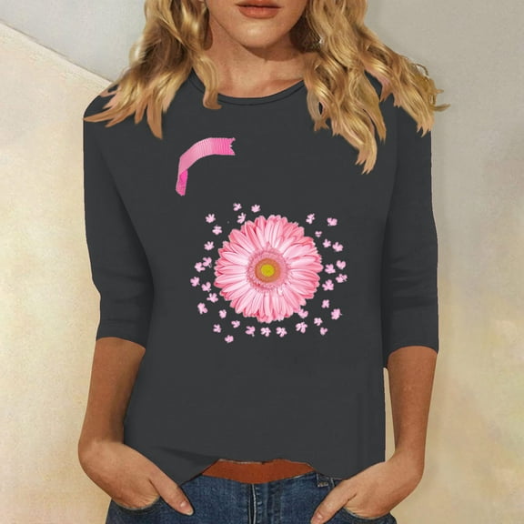 Alkepwun Women's October Pink Shirt Breast Cancer Fighter T-Shirt Sunflower Graphic Tees Casual 3/4 Sleeve Tops