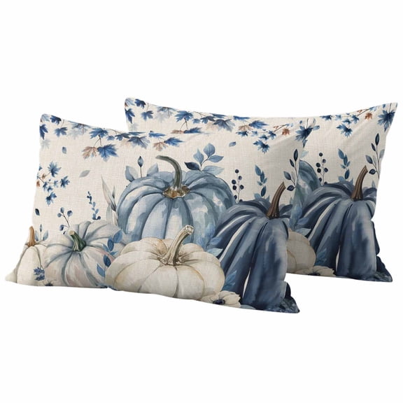 Lumbar Pillow Covers 12 x 20 Inches, Blue Fall Pumpkins Waterproof Throw Pillow Cover Set of 2, Thanksgiving Maple Leaf Tree Decorative Rectangle Cushion Covers for Patio/Tent/Couch/Garden