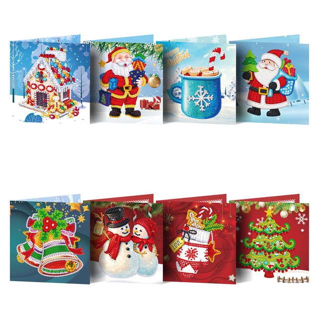 ZHAOCHENG Tarjetas de felicitación navideñas, 8 paquetes de pintura de diamantes 5D Tarjeta de felicitación navideña para Navidad (D) - Campanas navideñas, renos, muñecos de nieve, tarjetas y sobres d