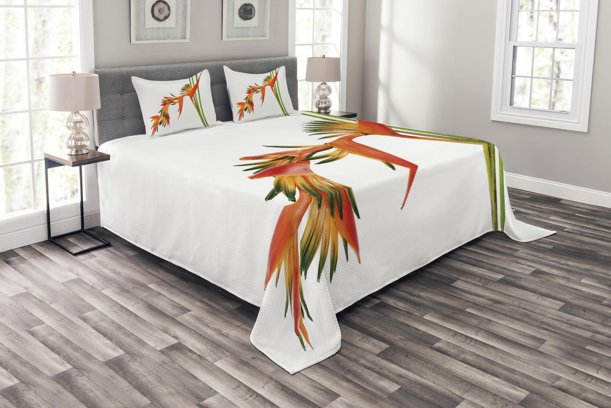 Floral Bedspread Set King Size, Exotic Tropical Flowers on Branch