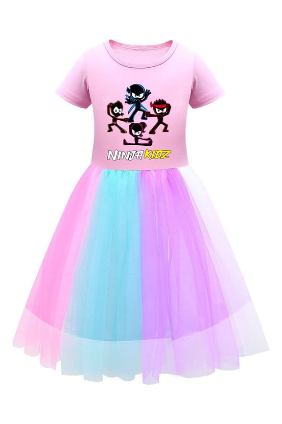 Ninja Kidz Character Dress for Girls  Rainbow Tulle Skirt and Cotton Top  Comfortable Kids for Dress-Up, Playdates, and Celebrations
