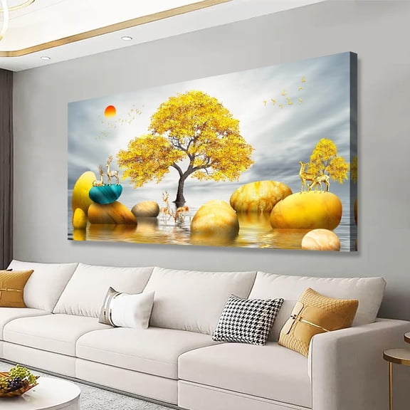 Aaheei Abstract Yellow Tree and Stones in Lake Picture for Living Room and Bedroom,Black and White Wall Art Canvas Print,Office Wall Decor and Home Decoration with Deer Natural Print 8x10