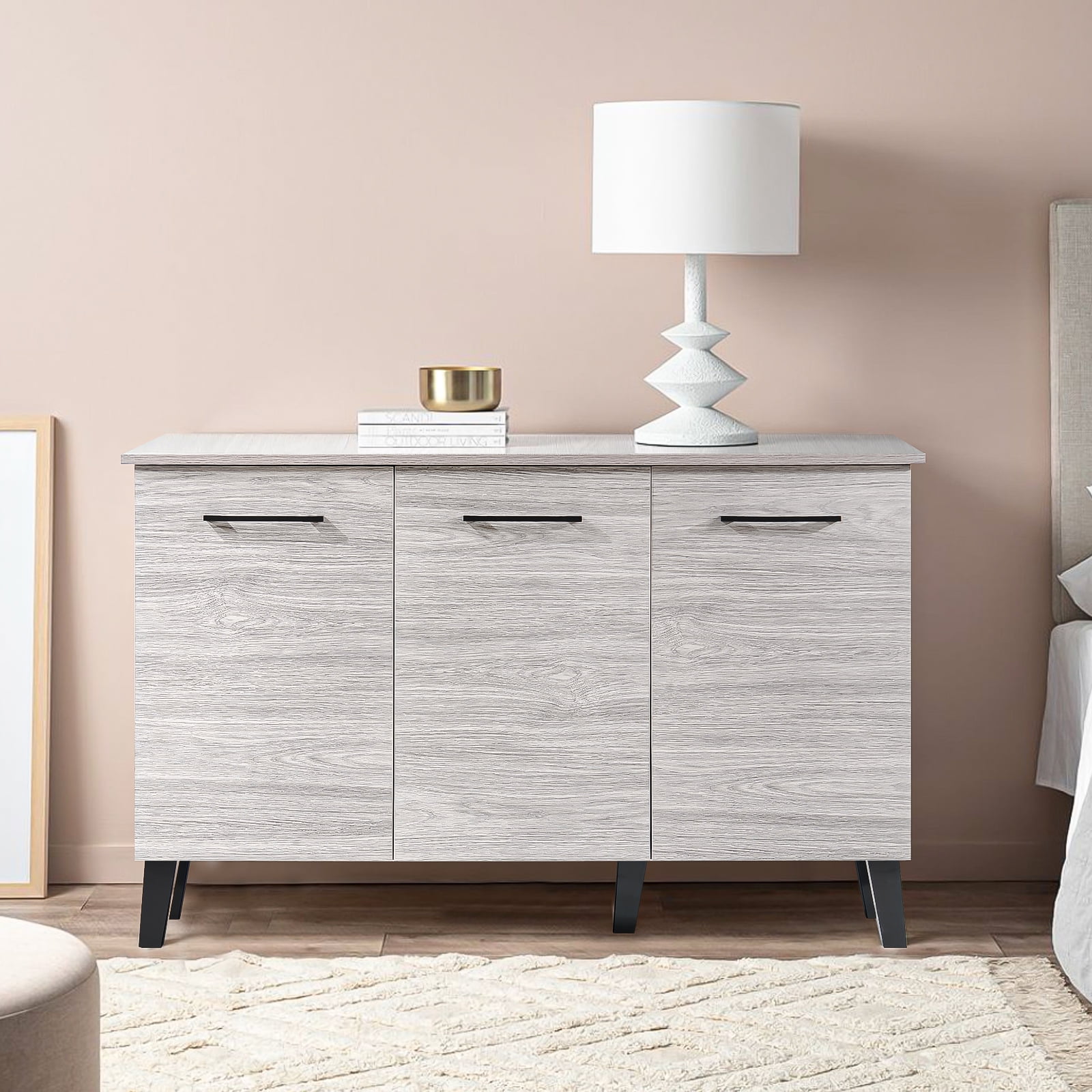 Kadyn Modern Fiberboard Multipurpose Sideboard, Fiberboard Sideboard Buffet Cabinet for Living Room Kitchen, Mid-century Storage Cabinet, Plaid Grey Oak
