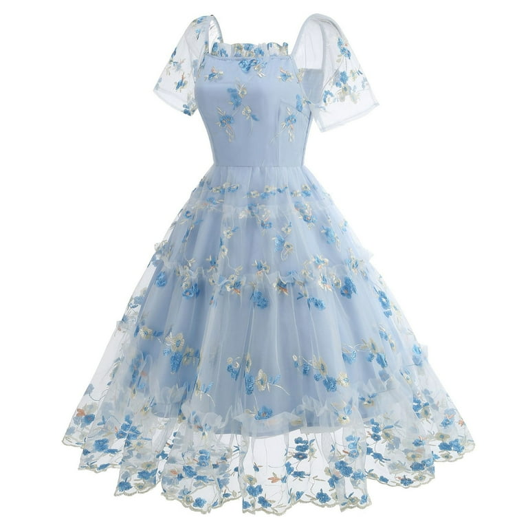 QQAMB Women's Dresses Mesh Square Neck Embroidered Floral Printed Cake Dress  Short Sleeve Swing Party Dresses Light Blue XL - Walmart.com