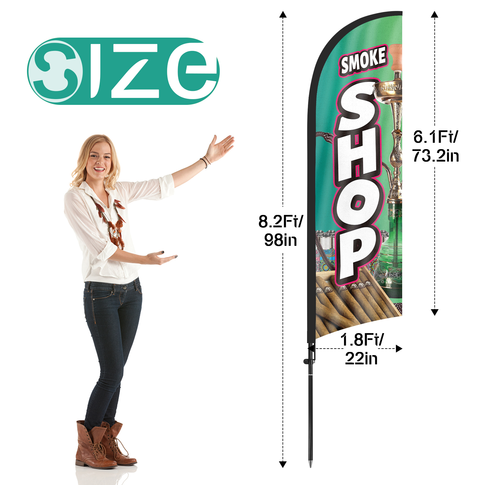 QSUM Smoke Shop Feather Flag with Flag Pole Kit and Ground Spike, 8.2FT Smoke Shop Windless Flag Banner Sign Business for Outdoor Advertising Sign Decoration Display