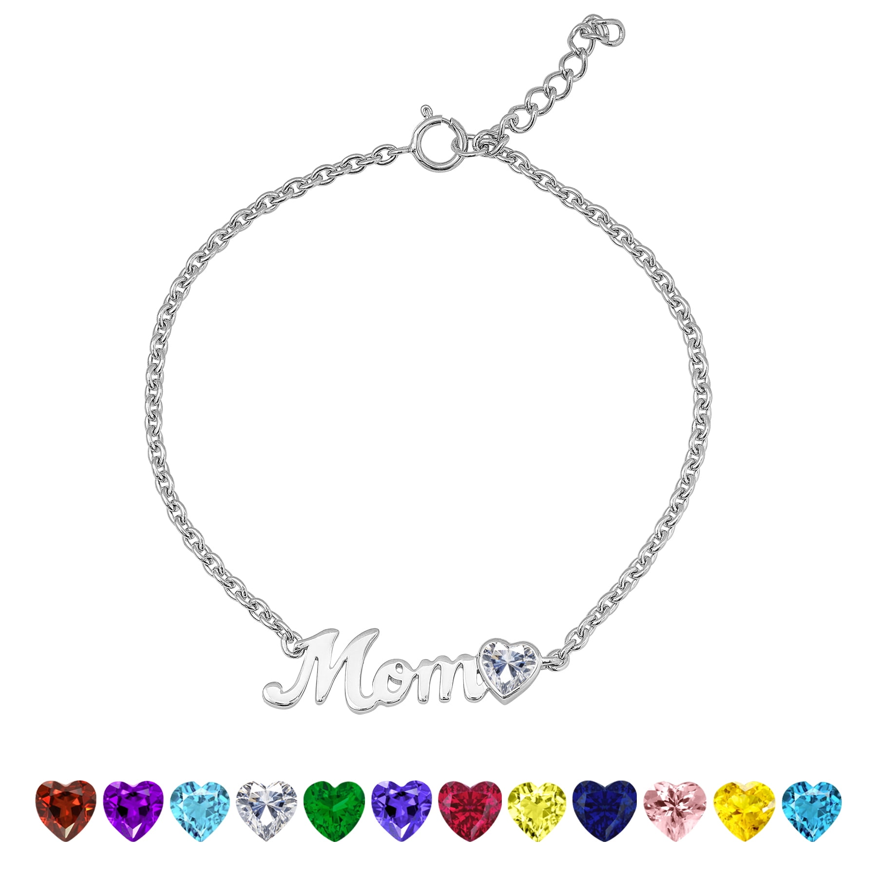 JeenMata MOM Heart Charm - April Cubic Zirconia Birthstone Chain Bracelet in 18K White Gold Plating for Women, Mother’s Day Gift