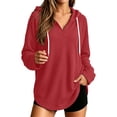 thumbnail image 2 of Sheghy Hoodies for Women Ladies Daily and Winter Long Sleeved V-neck Drawstring Knitted Loose Fitting Hooded Sweatshirt Hanging Sweatshirt Top Red XXL, 2 of 8