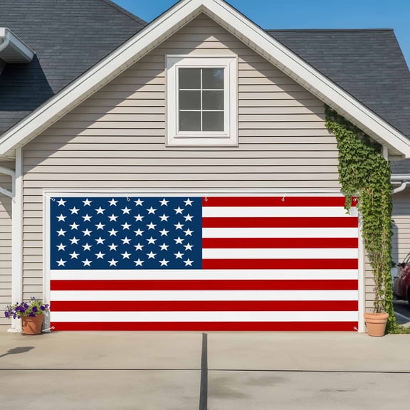 American Flag Garage Door Cover Banner 7 x 16 FT, Blue Red USA Flag Garage Door Curtains Backdrop with Grommets for Indoor Outdoor Wall Party Porch Yard Decorations Background