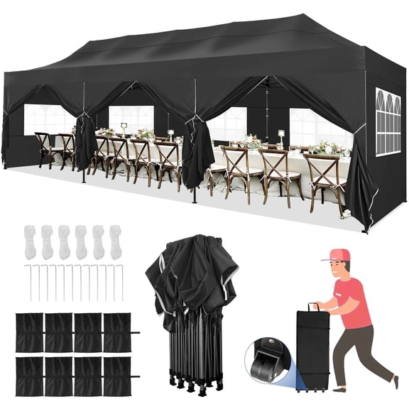 SANOPY 10'x30' Upgrade Pop up Canopy Tent Outdoor Easy Set-up Instant Tent Heavy Duty Commercia Wedding Party Tents, 8 Removable Sidewalls, Roller Bags, 8 Sandbags Gazebo Shelter(Black)