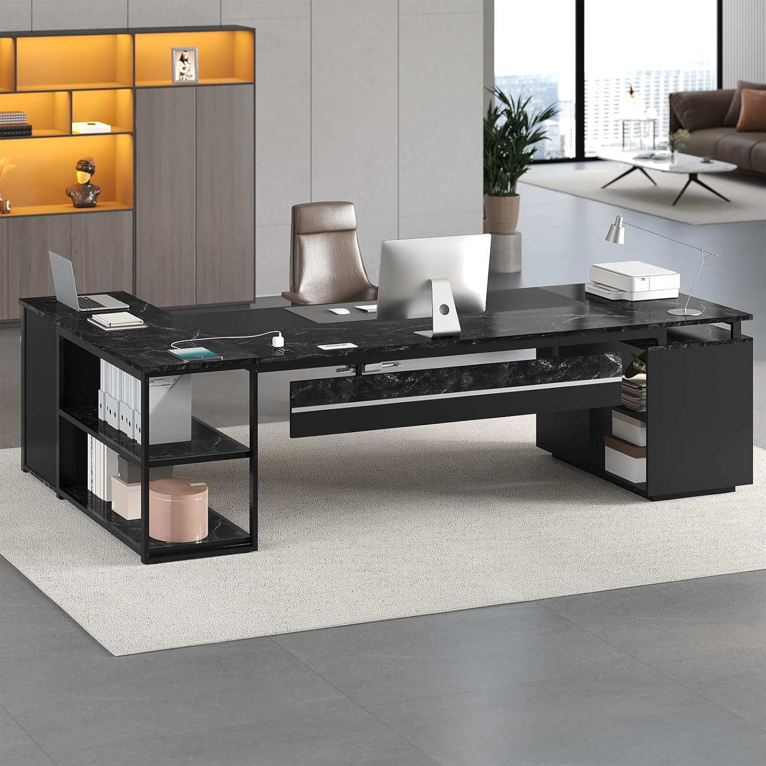 78" Executive Desk with Lockable File Cabinet, L Shaped Executive Desk with Power Outlets, Reversible Computer Desk with Drawers, Storage Shelves and Privacy Screen, Marble Black
