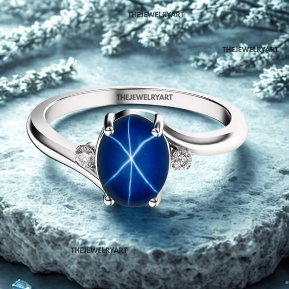 thejewelryart 6-Ray Star Blue Sapphire Ring 925 Sterling Silver Setting Oval Gemstone, Vintage-Inspired Statement Jewelry Elegant Gift for Her Silver 3