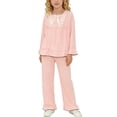 thumbnail image 2 of FRSASU Girls Summer 2 Piece Outfits Long Sleeve Loose Lace Blouse and Long Pants Matching Sets for 3-15 Years Pink, 2 of 8