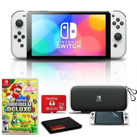 Nintendo Switch OLED White with Super Mario Bros U Deluxe, 128GB Card, and More