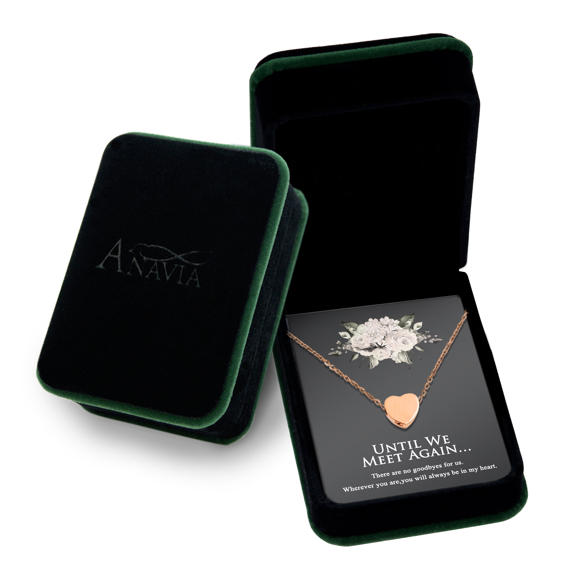 Anavia Mini Heart Cremation Jewelry Stainless Steel Keepsake Memorial Urn Necklace for Human with"Until We Meet Again" Comfort Card-[Rose Gold]