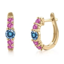 Gem Stone King 10K Yellow Gold Persian Blue Moissanite and Pink Created Sapphire Hoop Earrings for Women | 0.86 Cttw | Gemstone Birthstone | Round 4MM