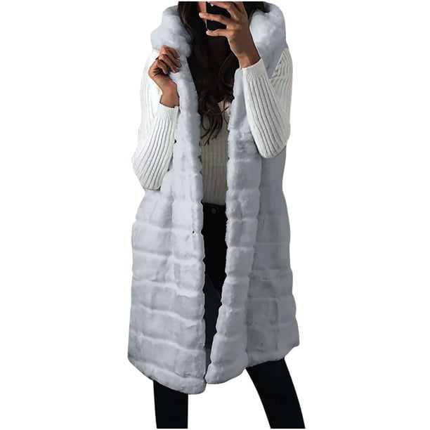 Chaquetas para mujer Faux-FurGilet chaleco sin mangas cuerpo Color sólido con capucha chaqueta larga abrigo prendas de vestir exteriores Odeerbi ODB-3