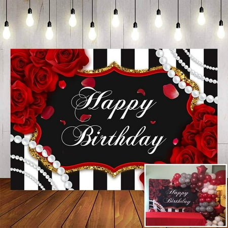 Image of Avezano Black and Red Happy Birthday Backdrop for Women Pearls Roses Floral Birthday Party Backgroun