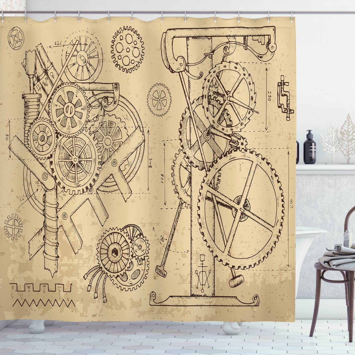 Steampunk Shower Curtain, Retro HandDrawn Infographic of Mechanisms
