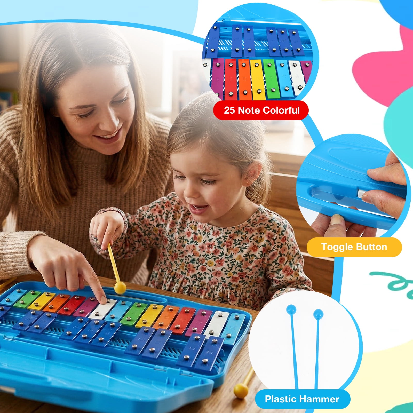 Grusce 25 Tone Xylophone Glockenspiel Colorful Wooden Xylophone with 2 Mallet Music Instrument for Beginner and Music Education