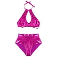 thumbnail image 2 of Linjinx Women Shiny Halter Neck Cut Out Front Crop Top with Shorts Metallic Bikini Set for Rave Party Purple L, 2 of 7