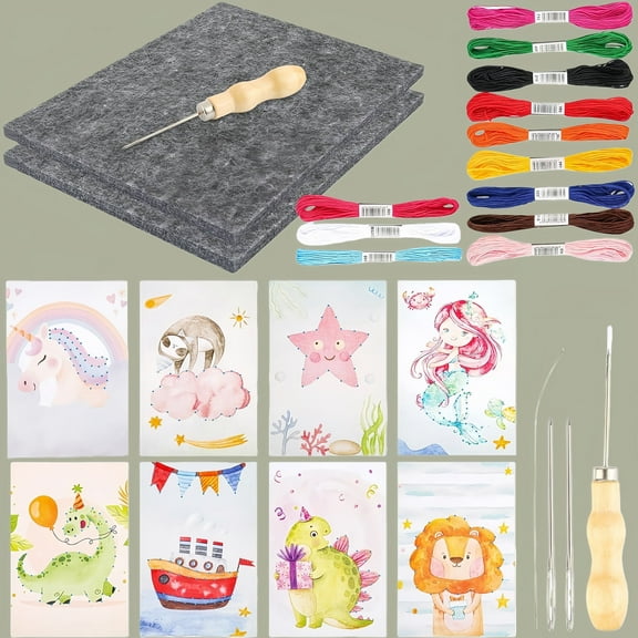 WuPing 16 Pcs DIY Embroidery Kit Felt Punching Kit with Patterns, Felt Pad, Felt Punching Needle, Needles, Beading Needle, 12 Colors of Embroidery Thread