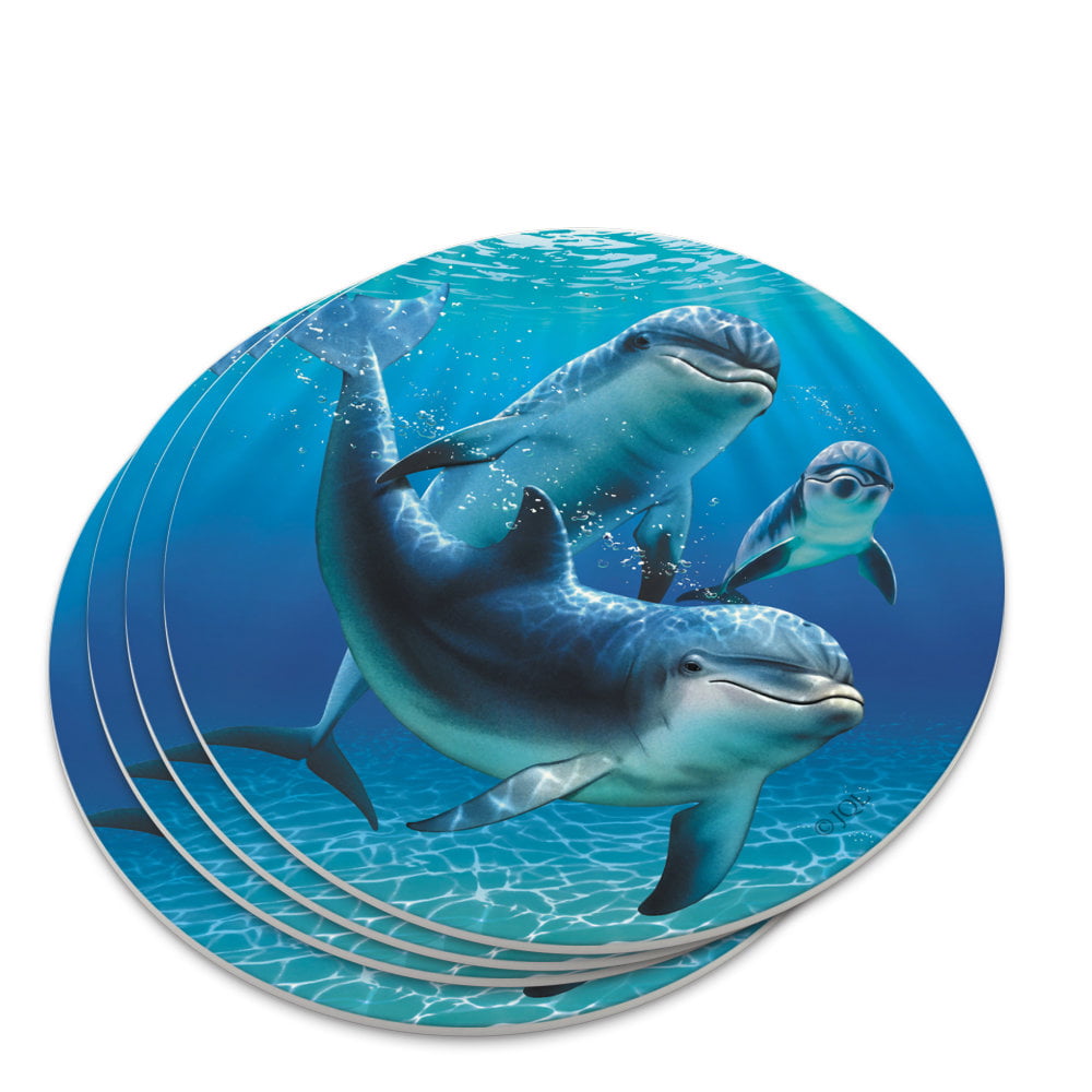 New Nautical Coastal Sunset Dolphins Glass Hand Painted Coasters Set of 4 Decor 
