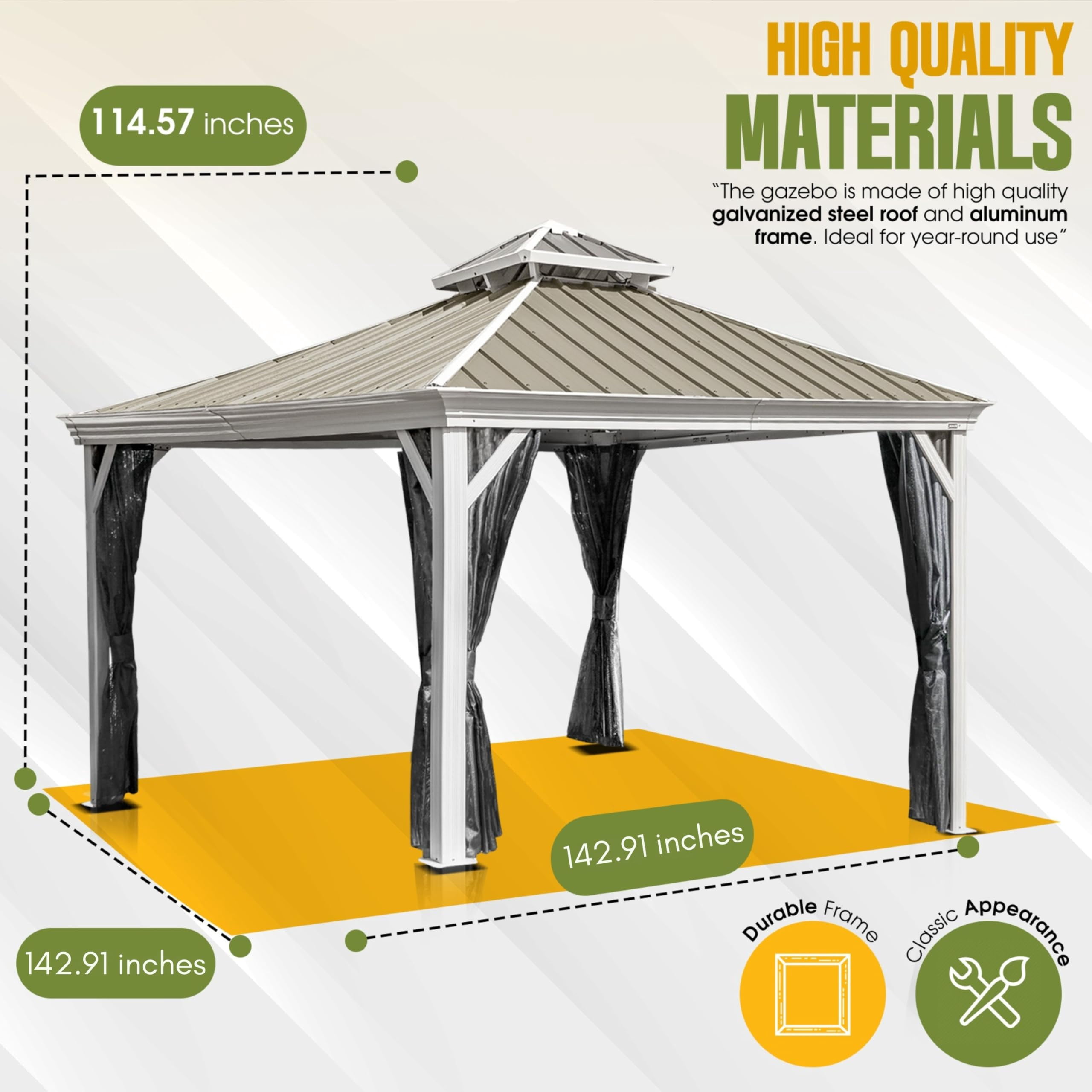 New Yard Hardtop Gazebo with Galvanized Steel Double Roof, Rustproof Aluminum Frame, Privacy Netting, and All-Weather Outdoor Shelter, Beige (12x12)