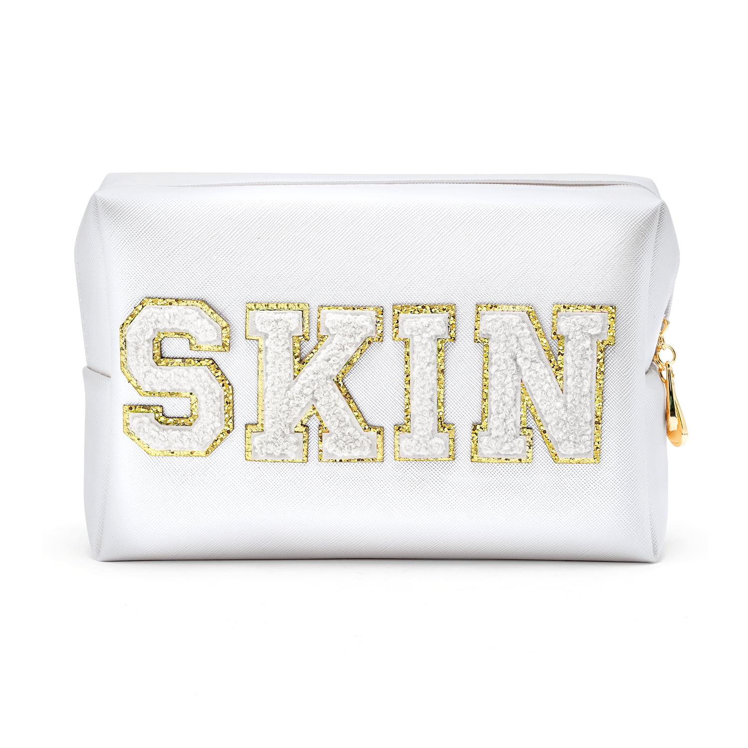 Miucatch Letter Patch Stitch Detail Makeup Bag White Small items stora