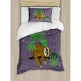 thumbnail image 3 of Sloth Duvet Cover Set Queen Size, Cute Cartoon Character Sleeping on Branch Jungle Animal in Night Sky Kids Theme, Decorative 3 Piece Bedding Set with 2 Pillow Shams, Plum Brown Green, by Ambesonne, 3 of 3