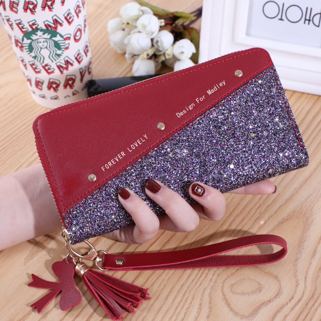 Cartera larga con cremallera para mujer Cartera con borlas de colores con costuras de estilo coreano para mujer Estuche para tarjetas a juego Bolso para teléfono móvil