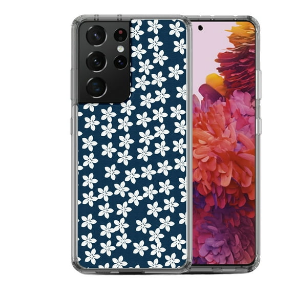 Shockproof Hybrid Bumper Phone Case for Samsung Galaxy S21 Ultra, by OneToughShield ® - Flower/Blue