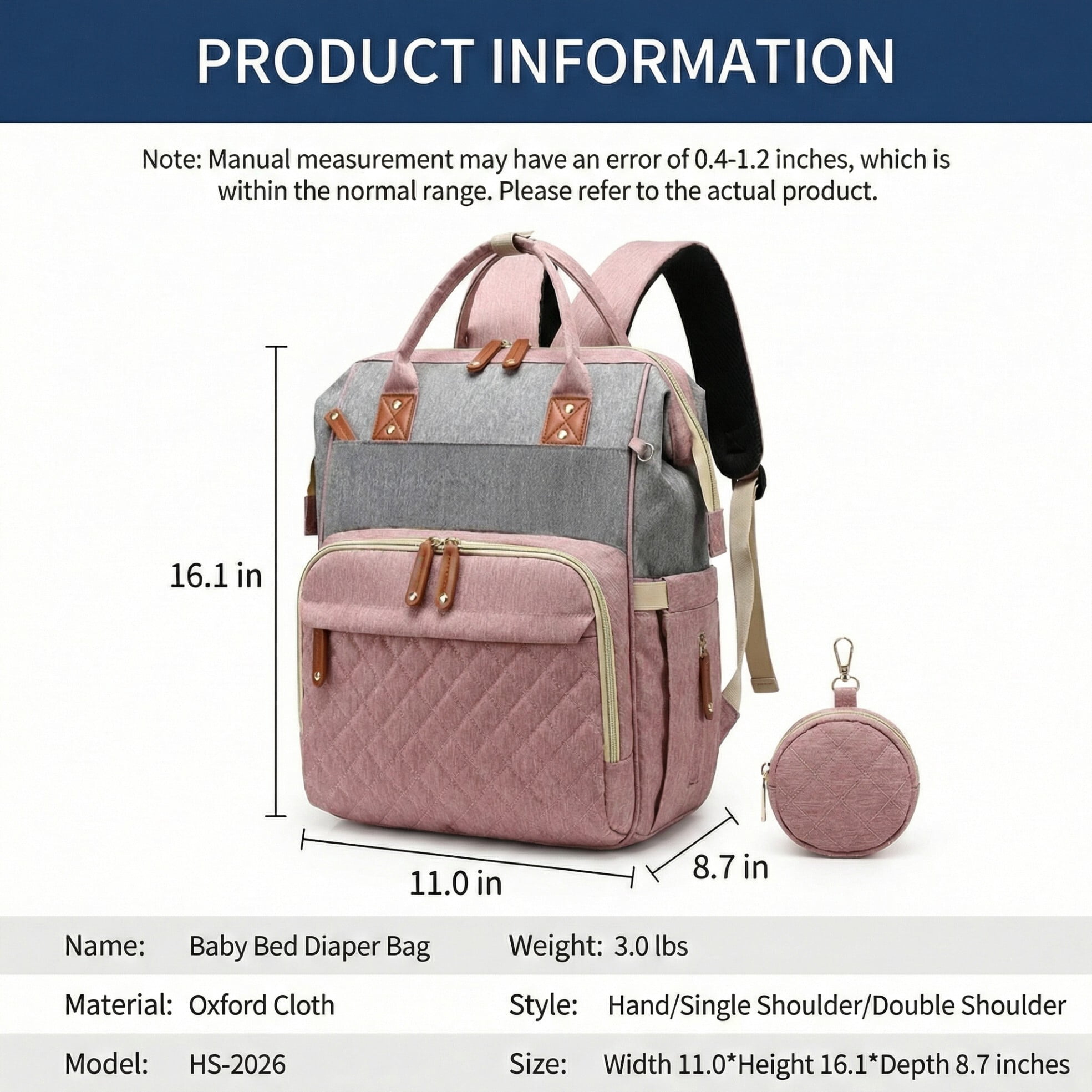 Baby diaper bag, backpack style diaper bag, baby travel bag, multi-functional waterproof baby bag with USB charging port and stroller straps,(Pink).