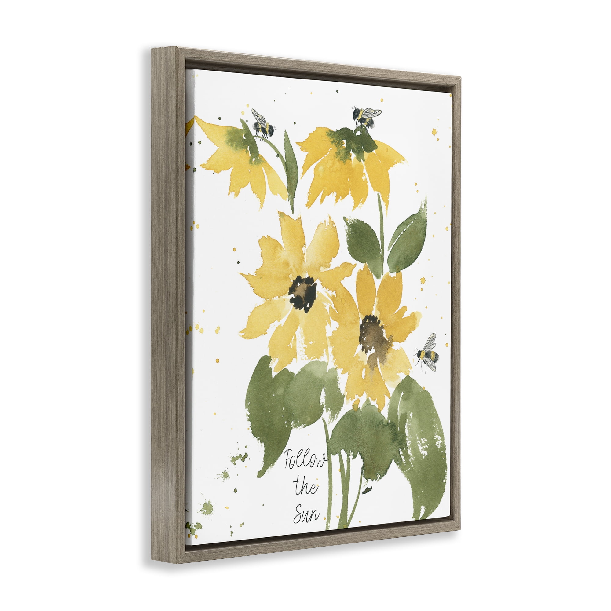 Stupell Industries Follow The Sun Phrase Botanical & Floral Painting Brown Floater Framed Art Print Wall Art, 17 x 21