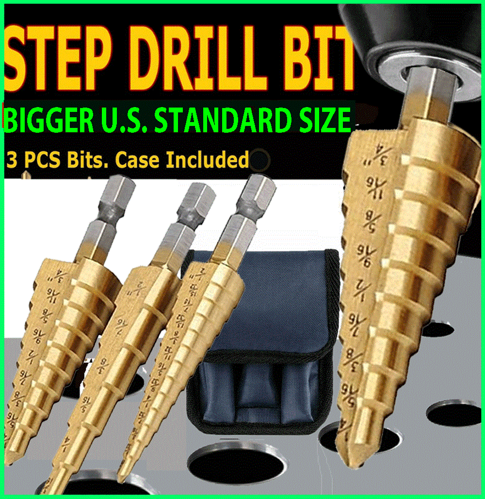 3Pcs Drill Bit Set Steel Titanium Nitride Coated Step Quick Change 1/4" Shank 