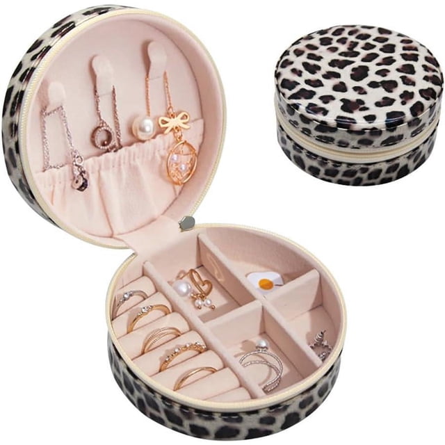Estuche de viaje pequeño para joyas, mini joyero de viaje redondo para mujeres y niñas, regalos para hombres, mujeres y niñas, regalos de Pascua (leopardo)